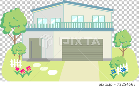 大きなガレージのある青い屋根の庭付き一戸建て住宅のイラスト素材