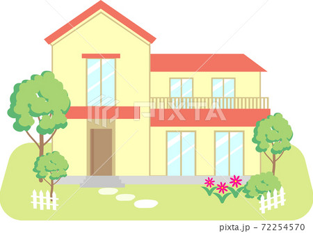 赤い屋根の庭付き一戸建て住宅のイラスト素材