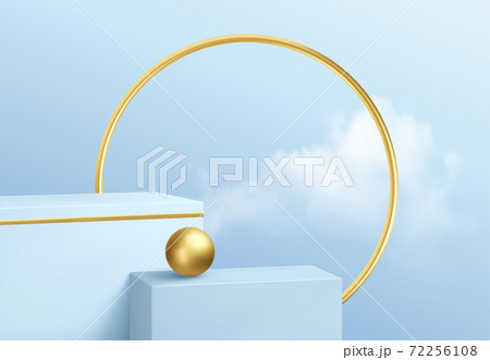 Blue product podium showcase on the background of clear sky with clouds and gold decoration. Podium show cosmetic product 3d realistic Vector illustration Blue product podium showcase on the background of clear sky with clouds and gold decoration. Podium show cosmetic product 3d realistic Vector illustration 72256108