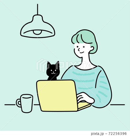 テレワークする女性とそれを見る猫のイラスト 72256396