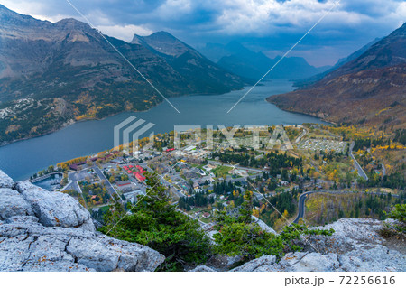 View of Town of Waterton Lakes National Park in dusk. Landscape scenery in autumn foliage season. Alberta, Canada. 72256616