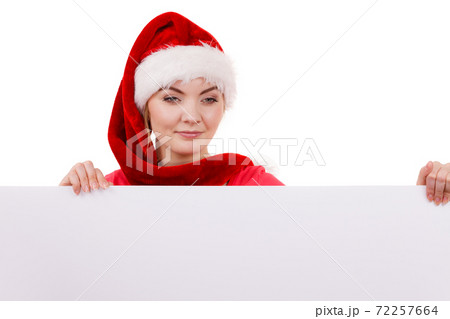 Woman with blank empty banner board. Christmas Woman with blank empty banner board. Christmas 72257664