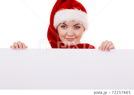 Woman with blank empty banner board. Christmas Woman with blank empty banner board. Christmas 72257665