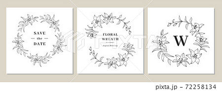 Save the date cards, Invitation cards, Wedding invitation template. Lily flower wreath, floral wreath. Lily flowers circle monogram, wedding frame. Vector clipart 72258134