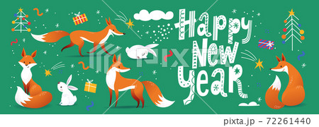 Happy New Year social media banner in Nordic Scandinavian hand drawn style with cute animals. 72261440
