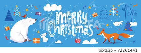 Merry Christmas poster in Scandic doodle style with cute animals. 72261441