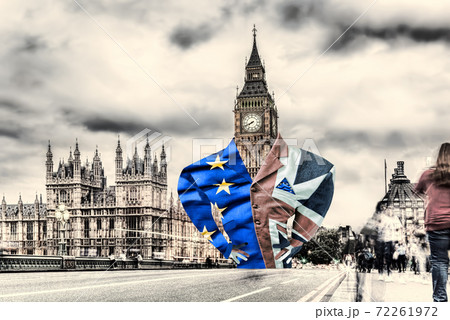 Lord Big Ben dressed in a flag of England and EU, Brexit deal or not deal with EU, United Kingdom 72261972