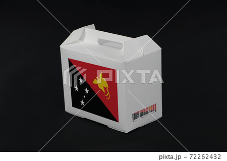 Papua New Guinea flag on white box with barcode and the color of nation flag on black background. Papua New Guinea flag on white box with barcode and the color of nation flag on black background. 72262432