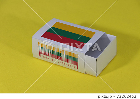 Lithuania flag on white box with barcode and the color of nation flag on yellow background Lithuania flag on white box with barcode and the color of nation flag on yellow background 72262452