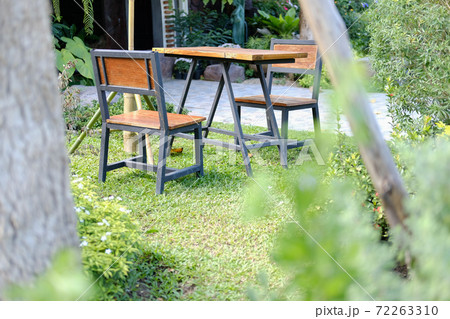 wooden chair seat in garden park 72263310