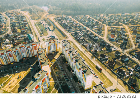 Gomel, Belarus. Aerial Bird's-eye View Of Residential Multi-storey Houses And Small Suburb Houses. Cityscape Skyline In Sunny Spring Day 72263532
