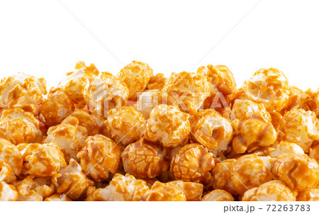 Sweet golden caramel candy popcorn bottom white 72263783