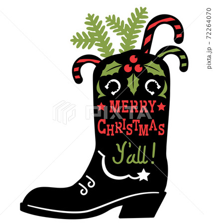 Cowboy Merry Christmas. Vector printable illustration with Cowboy Country boot silhouette and holiday text isolated on white Cowboy Merry Christmas. Vector printable illustration with Cowboy Country boot silhouette and holiday text isolated on white 72264070