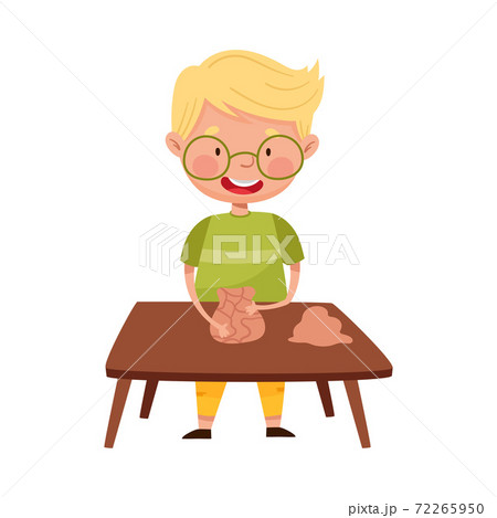Little Boy in Glasses Standing at Table and Moulding Clay Vector Illustration 72265950