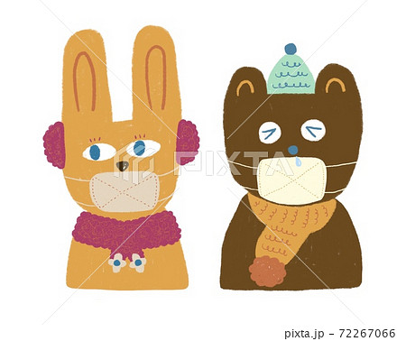 マスクで風邪予防するウサギとクマ マスクで風邪予防するウサギとクマ 72267066