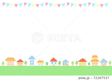 かわいい旗と街並みのイラストのイラスト素材
