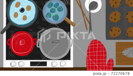 コンロがフル回転の忙しいキッチンのイラストのイラスト素材