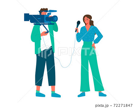 Videographer with TV presenter conducts direct reporting from the place of events. Videographer with TV presenter conducts direct reporting from the place of events. 72271847