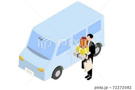 荷物を抱えて車に乗り込む男性、アイソメトリック 荷物を抱えて車に乗り込む男性、アイソメトリック 72272082