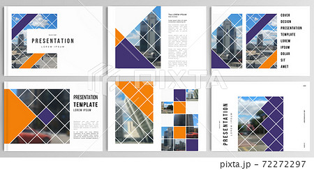 Vector layouts of presentation design templates for brochure, cover design, flyer, book design, magazine, poster. Abstract design project in geometric style with squares and place for photo. 72272297
