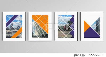 Realistic vector set of picture frames in A4 format isolated on gray background. Abstract design project in geometric style with squares and place for a photo. 72272298