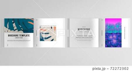 3d realistic vector layout of cover mockup design templates for bifold square brochure, flyer, cover design, book. Tropical palm leaves, shadow of tropical jungle leaves. Floral pattern backgrounds. 72272302