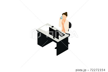 パソコンデスクの前で電話をする女性、アイソメトリック 72272354