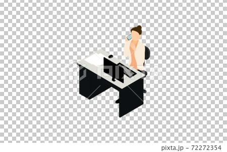 パソコンデスクの前で電話をする女性、アイソメトリック 72272354