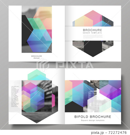 Vector layout of two covers templates with colorful hexagons, geometric shapes, tech background for square design bifold brochure, flyer, magazine, cover design, book design, brochure cover. Vector layout of two covers templates with colorful hexagons, geometric shapes, tech background for square design bifold brochure, flyer, magazine, cover design, book design, brochure cover. 72272476