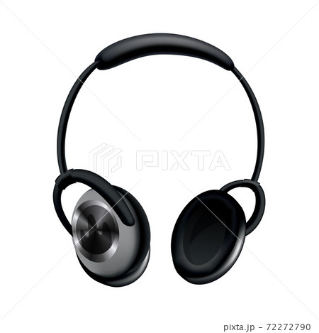 Headphone. Black music earphone or gaming headset. Audio gadget with speaker or wireless mobile earbud isolated 3d vector image. Technology studio accessories 72272790