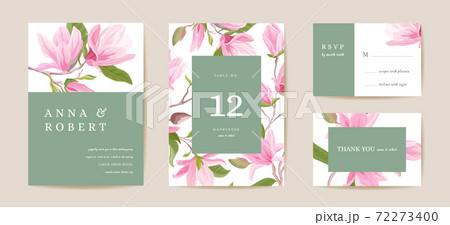 Boho wedding invitation card. Vintage Save the Date spring magnolia flowers, floral leaves template design 72273400