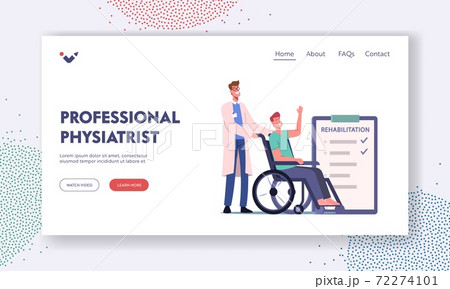 Handicapped Person Rehabilitation Landing Page Template. Disabled Male Character Ride Wheelchair with Doctor Assistance 72274101