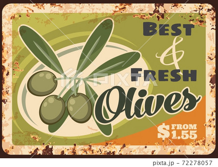 Ripe olives rusty metal plate, vector price tag Ripe olives rusty metal plate, vector price tag 72278057