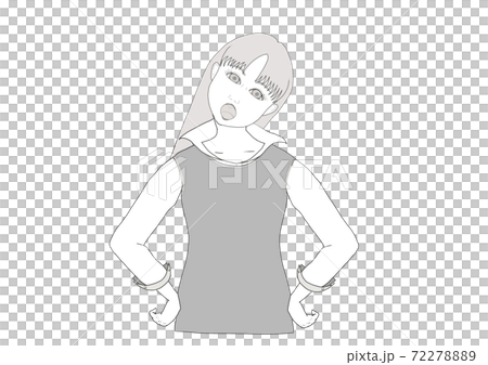首をかしげ 文句を言う長髪女性の白黒イラスト 首をかしげ 文句を言う長髪女性の白黒イラスト 72278889