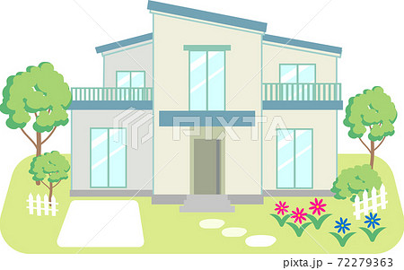 駐車場のある青い屋根の庭付き一戸建て住宅 72279363