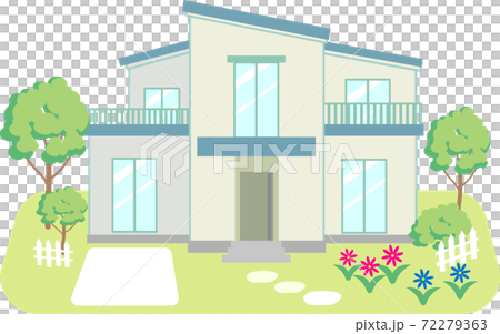 駐車場のある青い屋根の庭付き一戸建て住宅 72279363