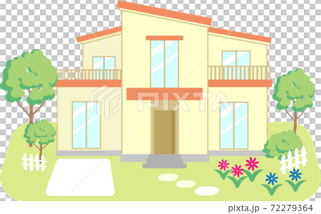 駐車場のある赤い屋根の庭付き一戸建て住宅 72279364