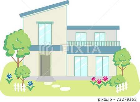 青い屋根の庭付き一戸建て住宅のイラスト素材