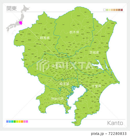 関東の地図 Kanto 都道府県 市町村名のイラスト素材