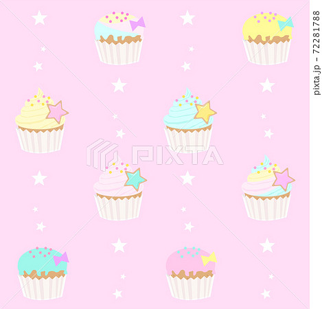 ゆめかわカップケーキのシームレスパターンイラスト ピンクのイラスト素材