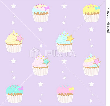 ゆめかわカップケーキのシームレスパターンイラスト 紫のイラスト素材