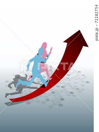 右肩上がりの矢印の上を走るスーツ姿の女男のシルエットa ベクターイラスト縦のイラスト素材
