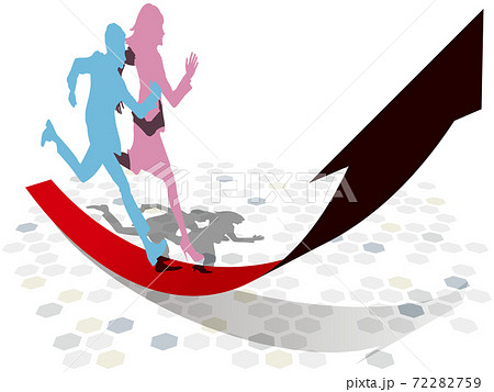 右肩上がりの矢印の上を走るスーツ姿の女男のシルエットb ベクターイラスト背景透明のイラスト素材