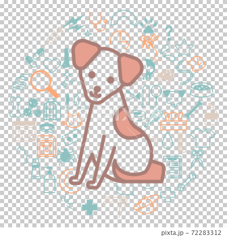 ペット関連のアイコンに囲まれている犬のイメージのイラスト素材