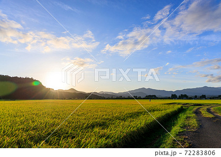 秋の田園風景　秋田県　夕日 72283806