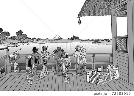 葛飾北斎イメージ五百らかん寺さざえどう白黒白バック 72283919