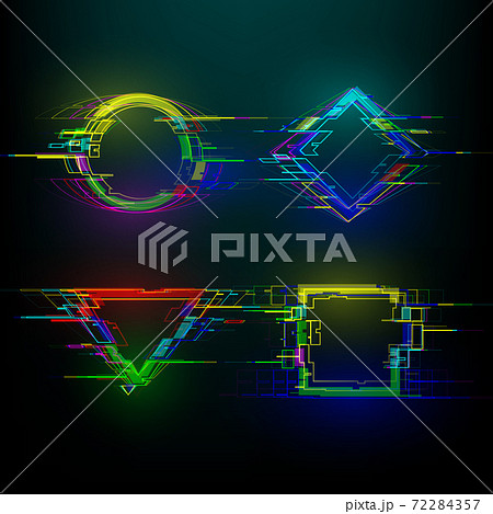 Set of futuristic glitch geometry shapes in cyberpunk style. Modern glowing circle, rhombus, rectangle and triangle with distortion effect. Good for design banners, web. Vector 72284357