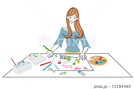 画用紙に絵の具で絵を描く女性のイラスト 72284489
