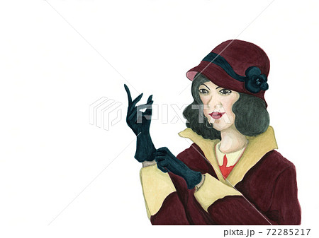 レトロなモダンガールの冬のファッションイラスト モガの冬服 女性のおしゃれなイラスト コピースペースのイラスト素材