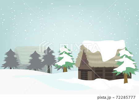 雪積もる藁葺き屋根の古民家と山の冬の風景イラストのイラスト素材